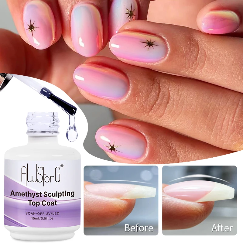 AWStorG 15ML Amethyst Sculpting Top Coat  Not Yellowing Transparent Super Bright Soak Off UV LED Gel Varnish Top Coat Nail Art