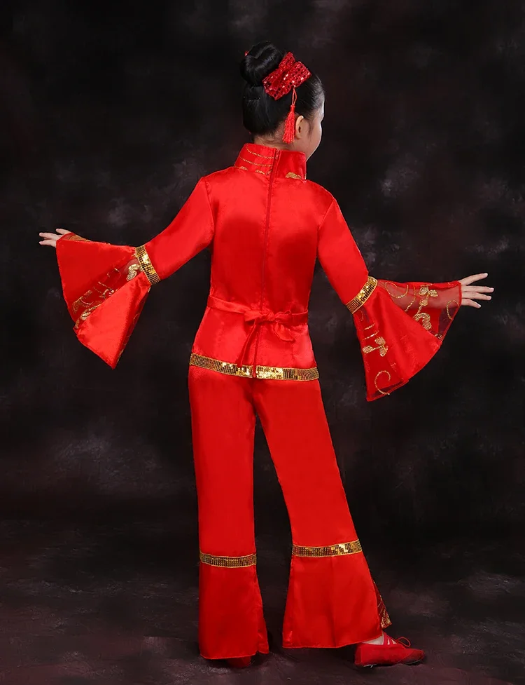 Ropa de baile Yangko para niños, traje de rendimiento de baile nacional chino, traje de baile elegante para fanáticos, tela de baile de tambor de cintura clásica