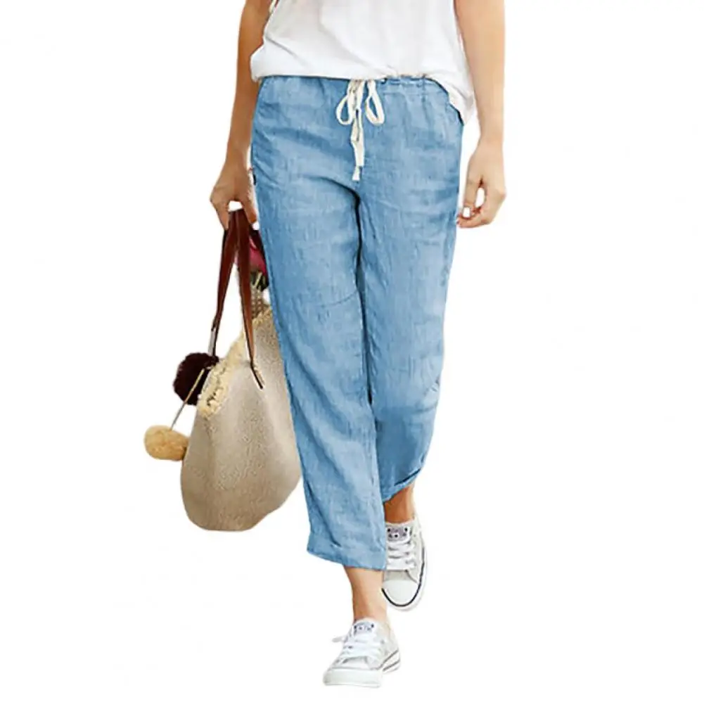 

Solid Color Ankle Length Mid-Rise Woman Pants Drawstring Elastic Waist Casual Ninth Trousers Woman Summer Pants