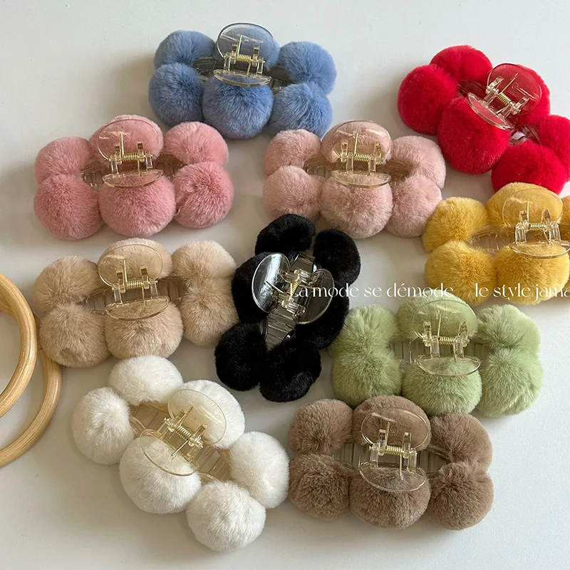 

New Faux Fur Hair Claw Clips Large Solid Color Furry Plush Ball Shark Clip Clamps Grab Girls Women Hair Accessories