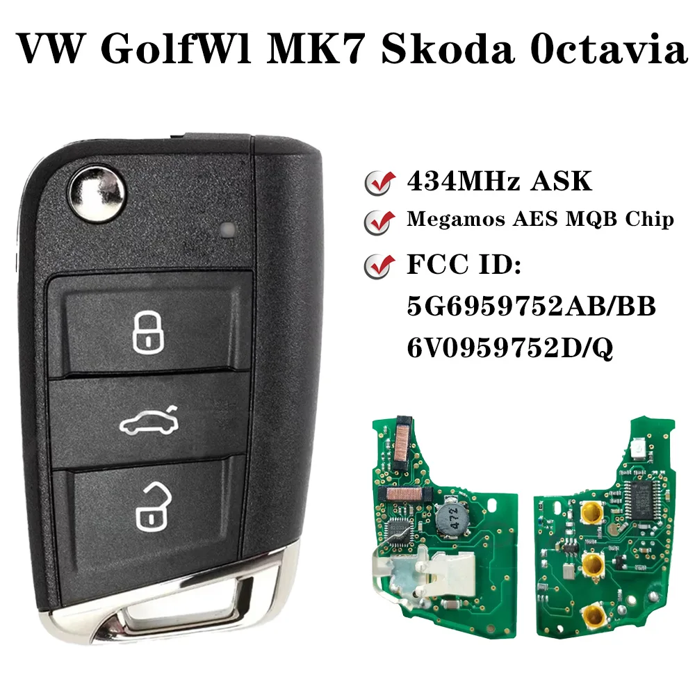 for VW Golf Mk7 Polo Tiguan Skoda Octavia Leon 2012-20175G6959752AB BB 6V0959752D Remote Car Key 433MHz Megamos MQB Chip