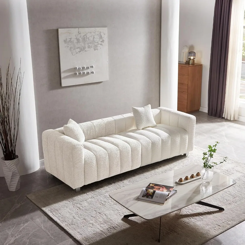 Modern Oversized Deep Seat Sofa, 3-Seater Tufted Upholstered Couch with Accent Pillows, Teddy-Inspired Comfort for Living Room