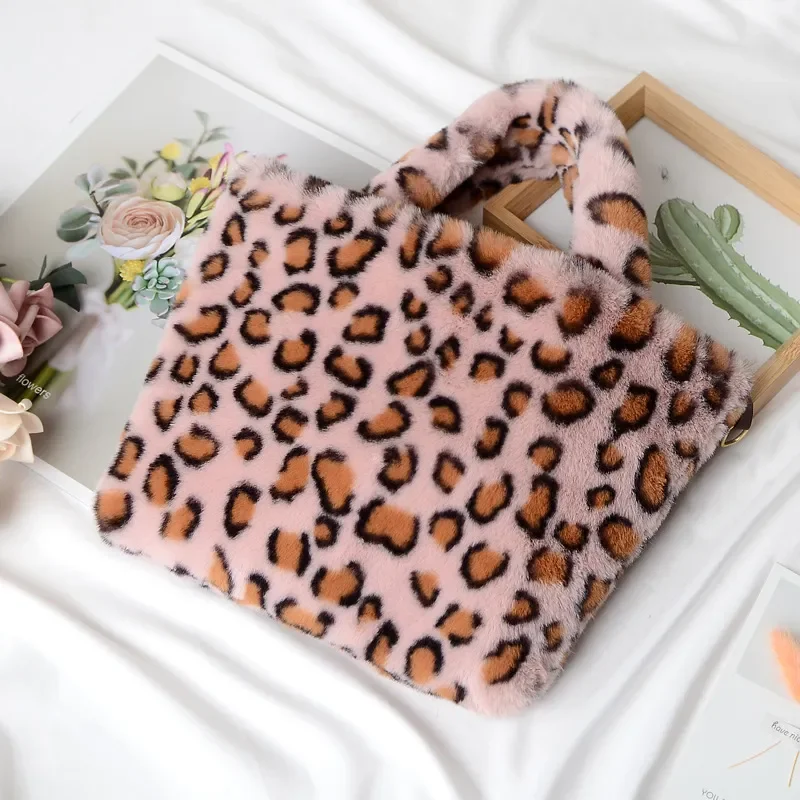 Bolso de Mano con Estampado de Leopardo, Imitación de Pelo de Conejo Rex, Gran Capacidad, Estilo Europeo Americano, Bolso de Hombro de Moda para Mujer