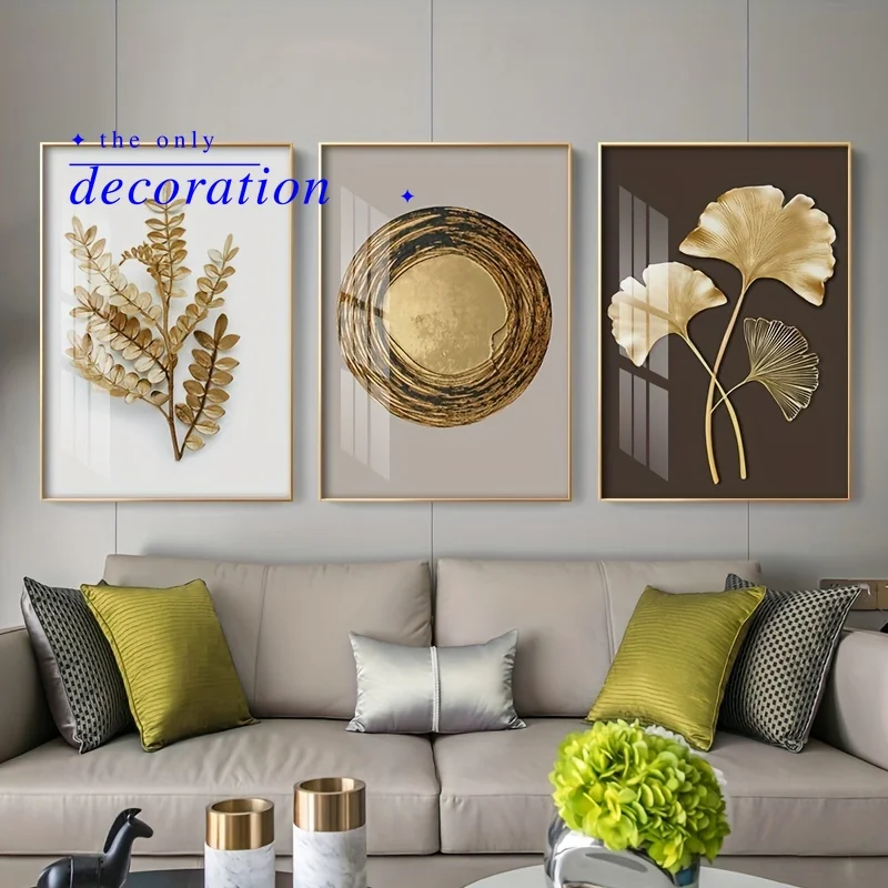 3pcs Modern Golden Leaf Wall Art Set - Frameless Ginkgo & Annual Wheel Canvas Prints, Elegant Nordic Decor for Living Room, W
