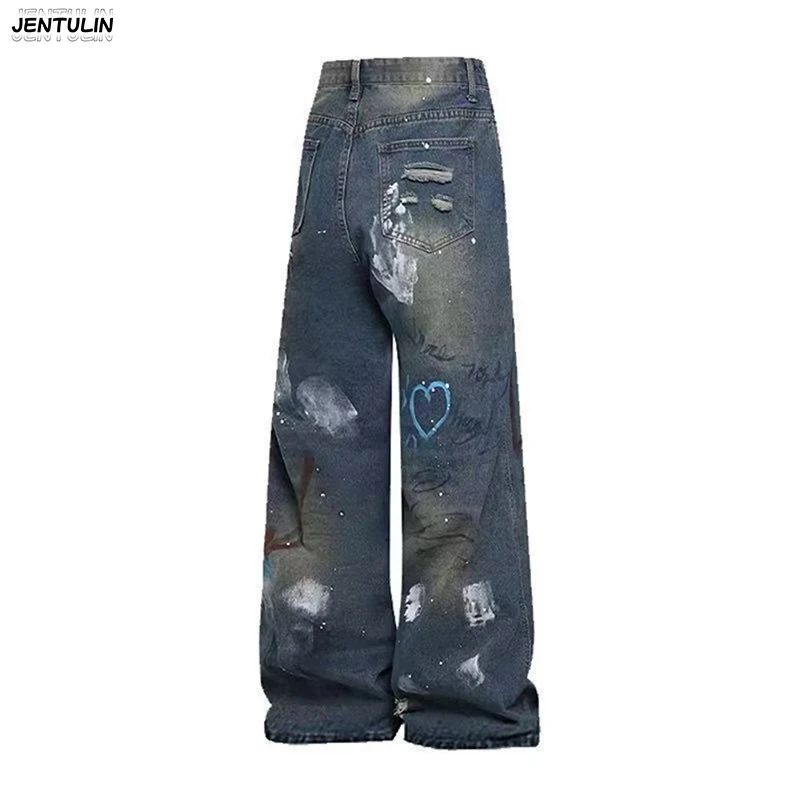 

American High Street Hand-Painted Graffiti Heavy Industry Ripped Wide Leg Jeans For Men Women Vintage Loose Pants Trendy Brand