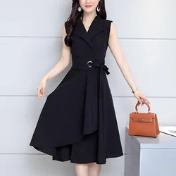 Elegant Solid Color Spliced Loose Bandage Bow Sleeveless Dress Women's Clothing Summer New Office Lady Irregular Midi Dress