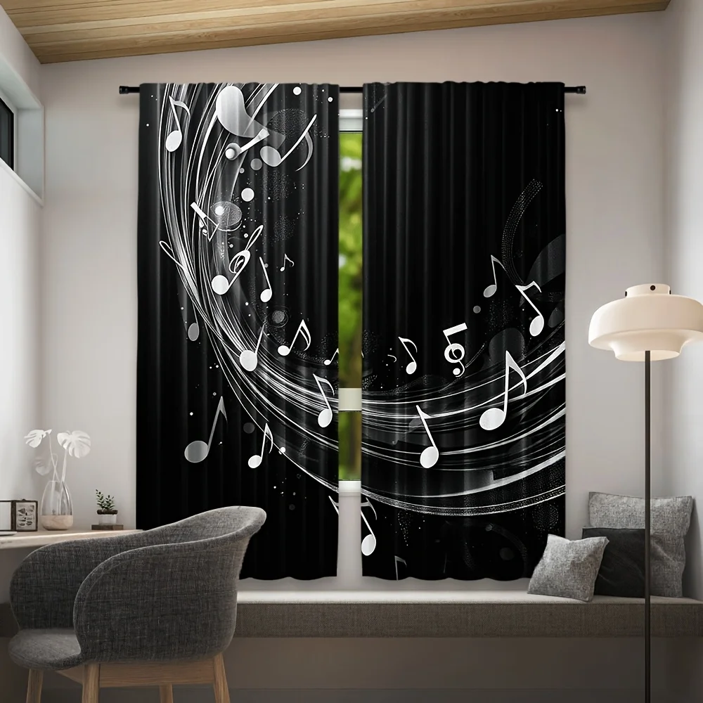 [Music Note Blackout Curtains] 2pcs Artistic Music Note Blackout Curtains - Light Filtering Polyester Rod Pocket Drapes with Tre