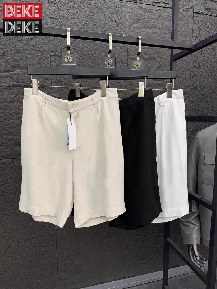 Mens Comfortable Linen Shorts Summer Solid Color Harajuku Elastic Waist Knee Length Straight Trousers Office Daily Casual Shorts