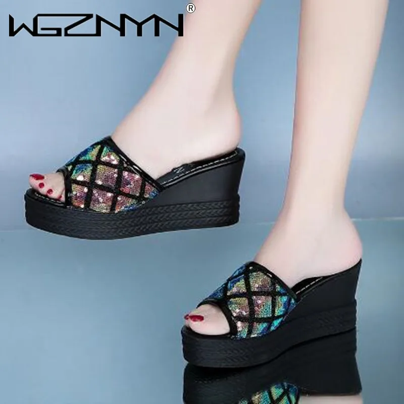 NEW Summer Women Sequined Cloth Slippers Bling Wedges Platform Beach Casual Slides Woman Shoes Ladies Slippers Footwear 2023