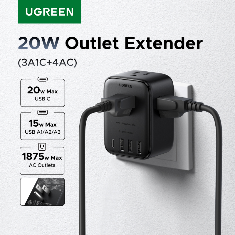  UGREEN Outlet Extender 20W Power Strip 4 AC Outlets 3 USB-A 1 USB-C Wall Charger for Home Office Travel 1875W 15A 125V 
