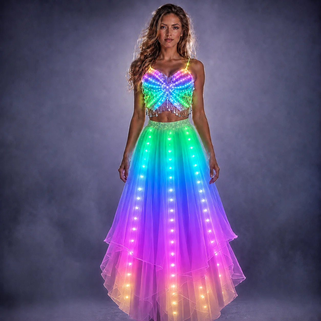 LED Farbe Lichter Frauen Bauchtanz Split Rock Sexy Professionelle Bauchtanz Training Kleidung Tanzen Kostüme