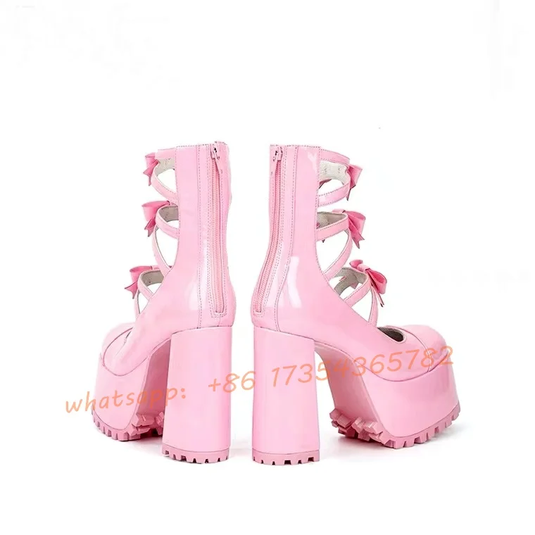 Pink Platform Chunky Heel Mary Jane shoes Lady Round Toe Sweet Punk Bow Back Zipper Hollow out Boots Sexy Spring Lolita Shoes