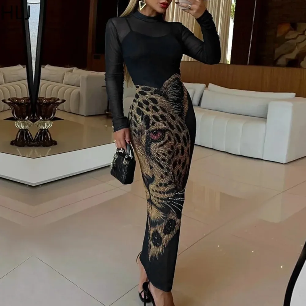 

HLJ Sexy Mesh Rhinestone Patchwork Bodycon Dresses Women Pattern Printing See Through Dress Female Streetwear Vestidos 2025 New