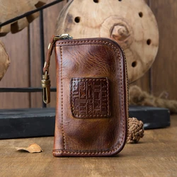 Genuine Leather Credit Card Holder Vintage Cowhide Leather Zipper Key Purse Multi-functional Coin Purse Daily Wallet