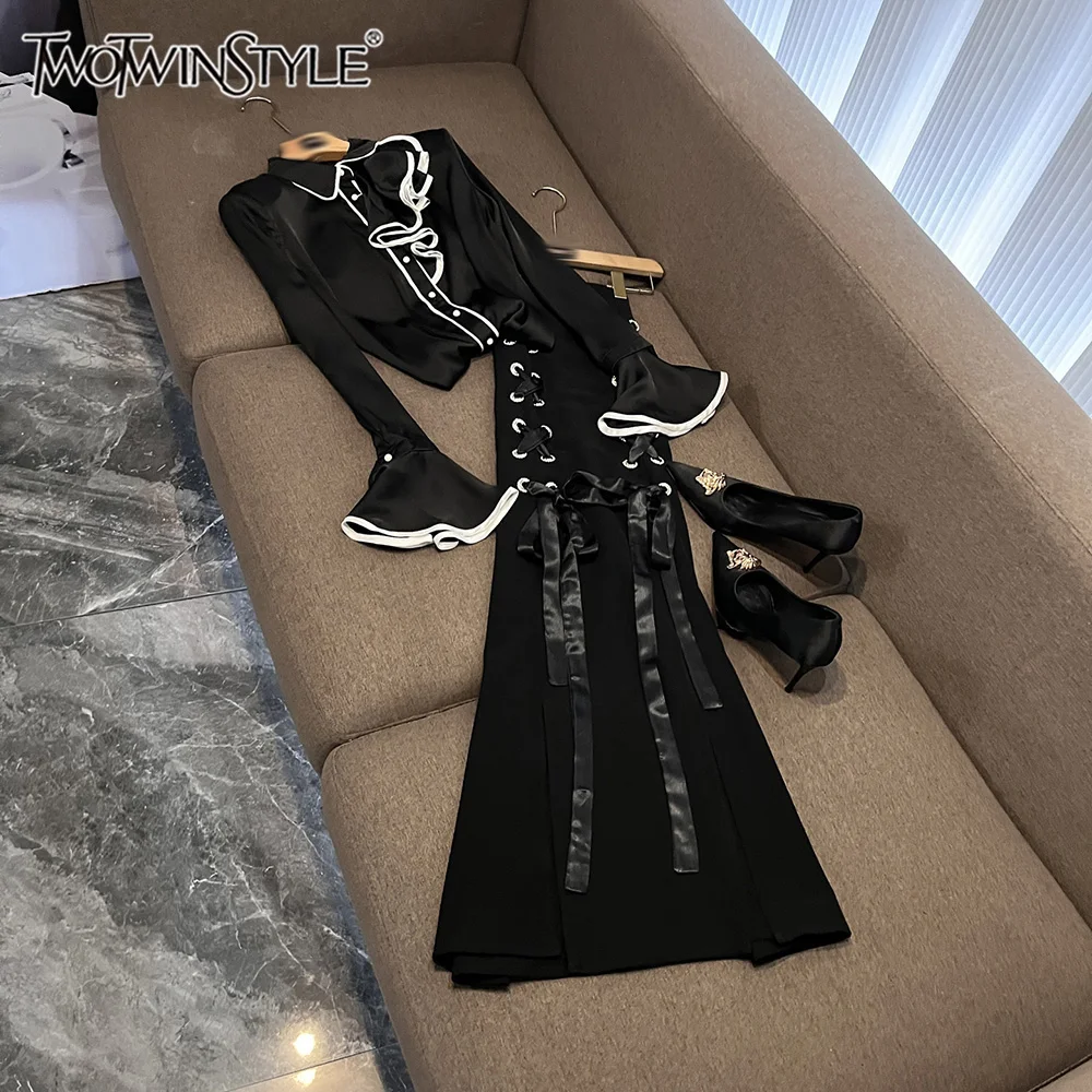 

TWOTWINSTYLE Elegant Vintage Two Piece Sets For Women Lapel Long Sleeve Ruffle Top High Waist Skirt Chic Set Female KSE548241