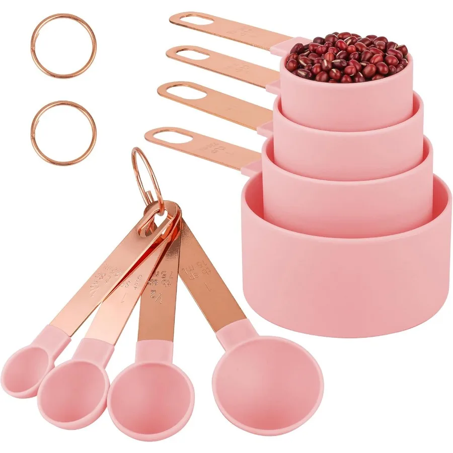 

8-Piece Stackable Rose Gold Stainless Steel Handled Measuring Cups and Spoons for Measuring Dry and Liquid Ingredients Pink