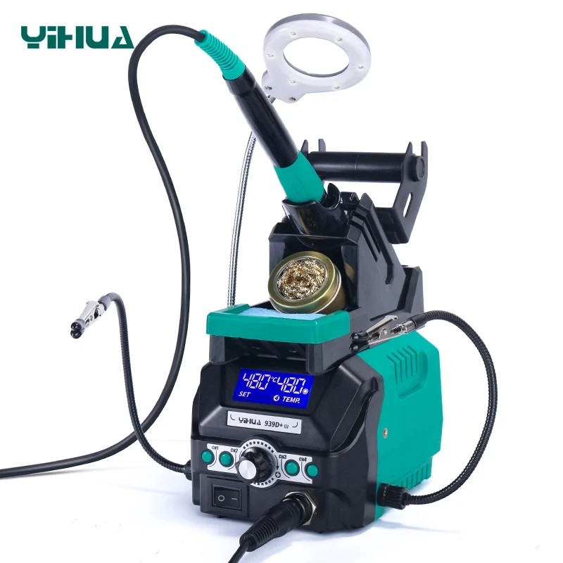 محطة مكواة لحام 110 وات YIHUA 939D+ III مع مكبر LED 2 تمساح 4 قنوات ينو 200 ℃ ~480 ℃   أداة إعادة صياغة ديسولديرينغ