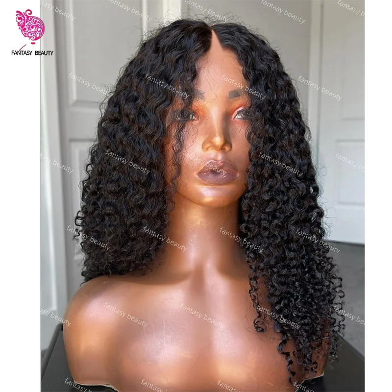 

Black Color Afro Kinky Curly Wig 1x4 middle V Part Open Transparent Frontal Lace Glueless Easy Wear Curly Wigs For Black Woman