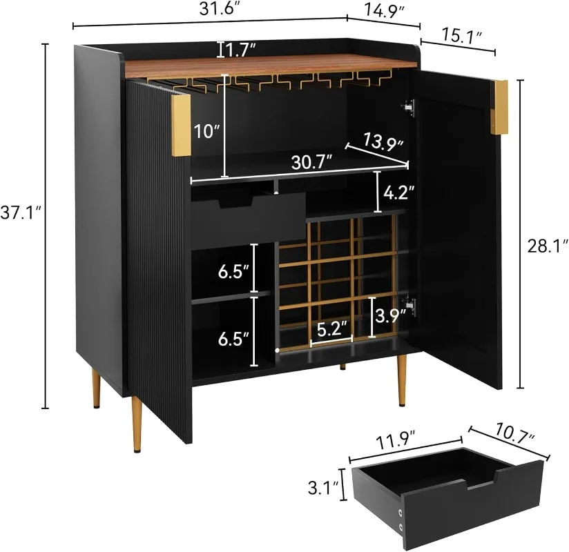 Sideboard Buffet Cabinet with Fluted Texture Modern Coffee Bar Cabinet with Wine Rack&Drawers Black Liquor Cabinet for Kitchen