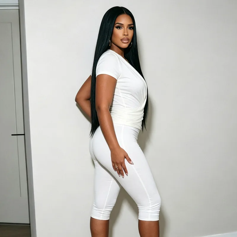 Stylish Lady Cross V Neck Ruched Short Sleeve Two Piece Set High Waist Capri Pants 2026 Women Solid Bodycon Casual Tracksuit