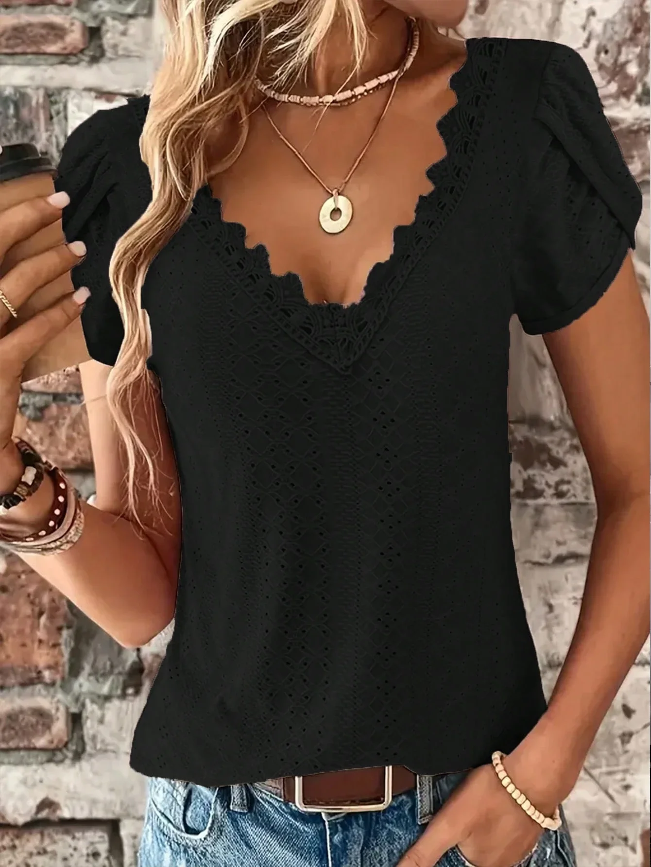 

Women's Black Lace V-Neck Short Sleeve Casual Blouse Summer