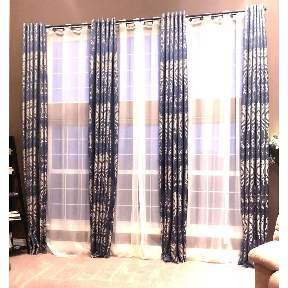 Tende jacquard extra lunghe blu grigio con motivo reale argento/oro, larghezza 100, lunghezza 16-18 piedi per installazione superiore con passacavo