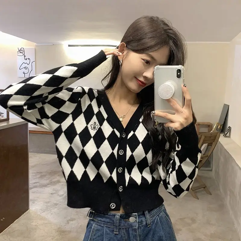 Korean Style Spring Autumn Black White Checkerboard Patterns Knit Cardigans Outerwear Women\'s Sweater Preppy Style Students Coat