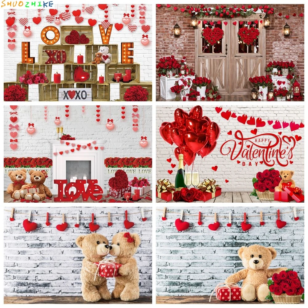 عيد الحب التصوير خلفية الطوب جدار الهدايا لعبة الدب الأحمر الحب القلب زهرة الورد اقتراح صورة خلفية استوديو الصور