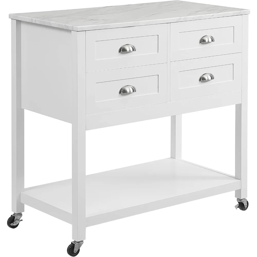 Rolling Kitchen Island Cart by Crosley Furniture, White, with Storage Drawers and Microwave Stand, Ideal for Coffee Bars