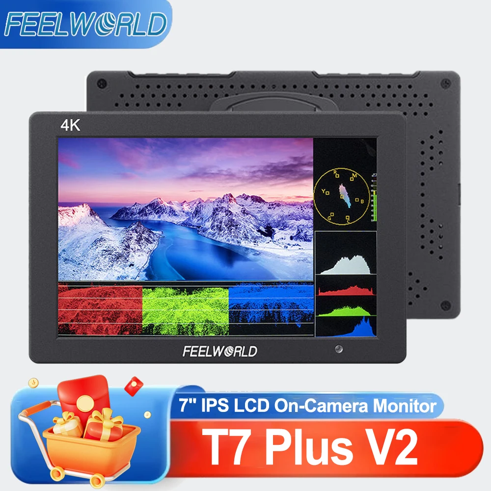 Monitor de Campo DSLR FeelWorld T7 Plus V2 de 7 Polegadas com 3D LUT, 1920x1200 IPS, Waveform, Vector, 4K HDMI Full HD