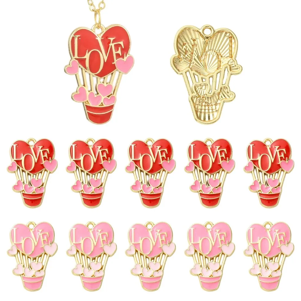10Pcs Mixed Color Alloy Enamel Heart Hot Air Balloon Pendants With Love Lettering, DIY Accessories for Bracelets & Necklaces