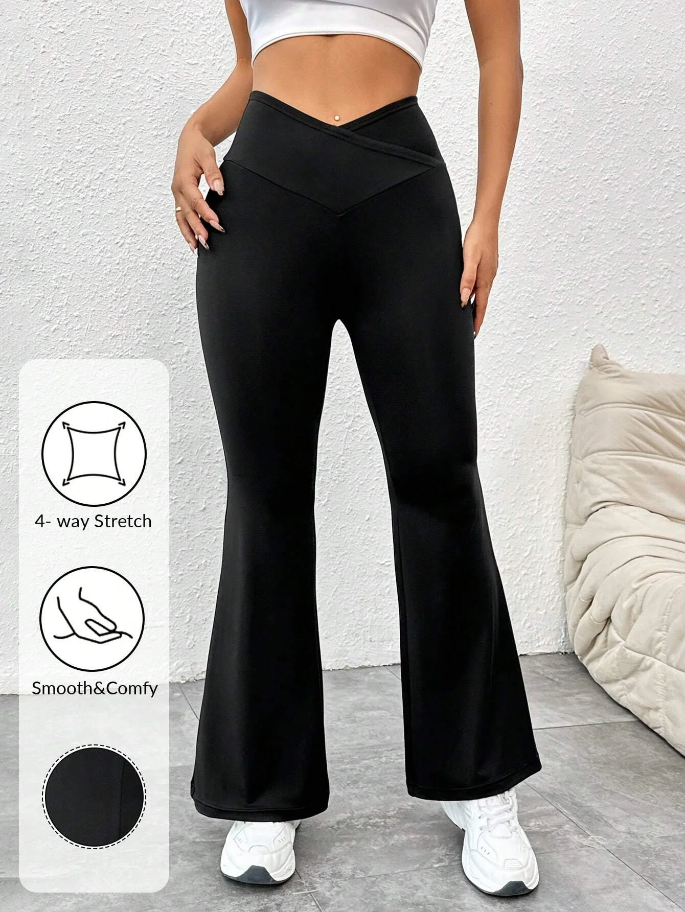 

Женские расклешенные брюки для йоги с высокой талией, удлиненные, облегающие, из ткани «шаркскин», повседневные спортивные брюки, черные, с четырехсторонним растяжением