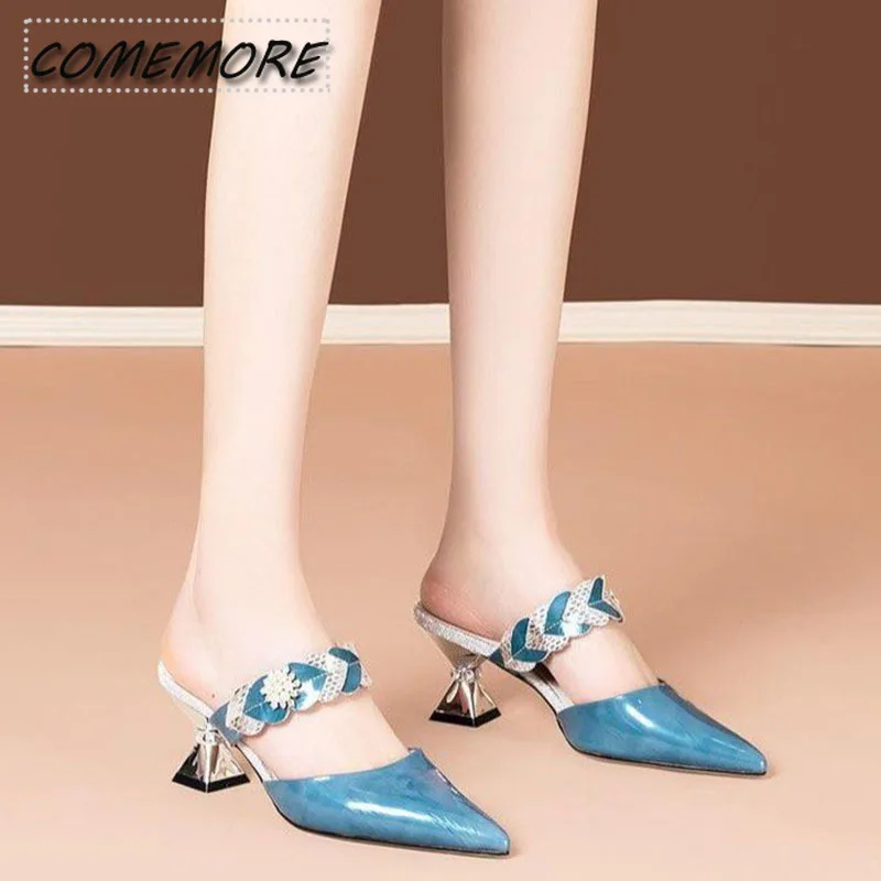 Summer New Thick Crystal Heels Korean Style Pointed High Heel Luxury Party Women's Shoes Fashion Slippers Wedding Shoes Bridals