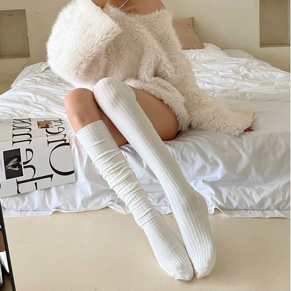 Y2K Pure Cotton Knee-high Socks Solid Color Keep Warm Long Tight Socks Calf Socks Fall Winter