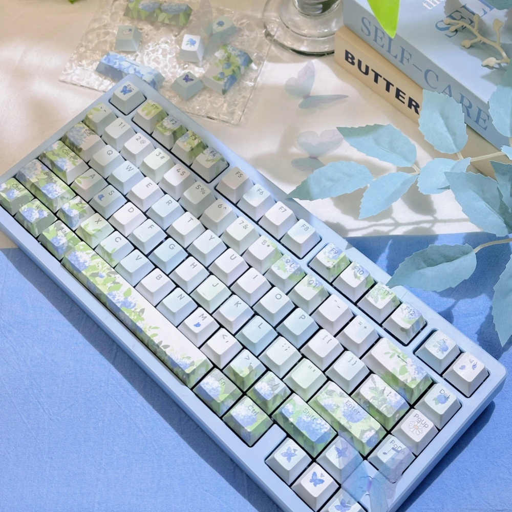 Endless Summer Keycap PBT Sublimation Cherry Side Engraved QX3 Elegant Blue Green Hydrangea Keycaps for Mechanical Keyboards