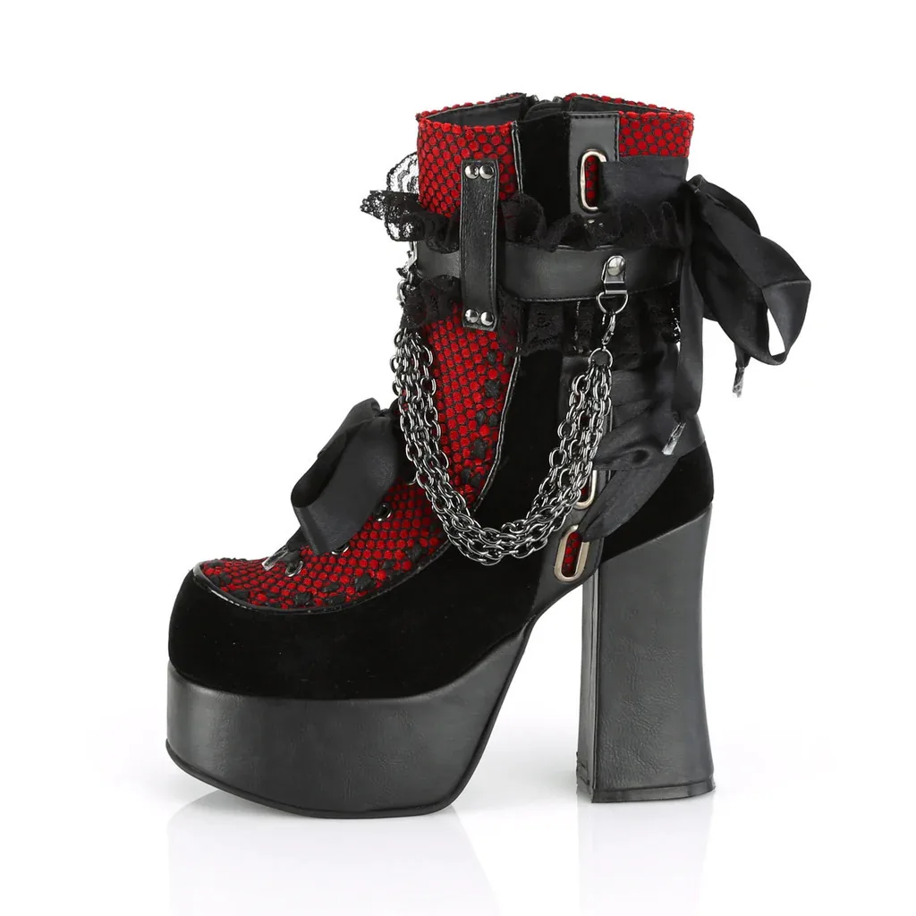 Gothic Ketten-Spitzen-Schleifen-Plateau-Stiefeletten Retro Runde Zehenpartie Quadratischer Absatz Klobige Plateau-Kurzstiefelette Damen Punk Party Schuhe – Detail 13