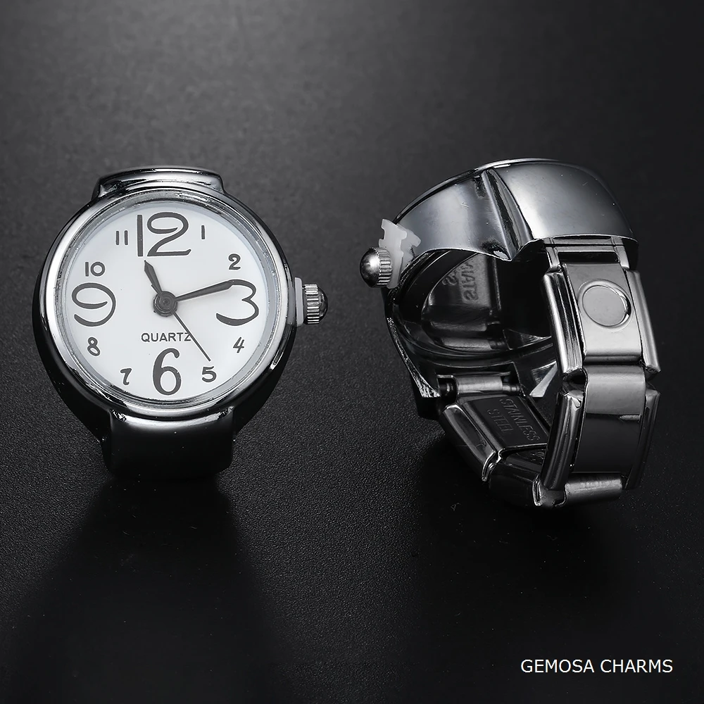 GEMOSA Trendy Finger Watch Round Stainless Steel Italian Charm Link CLassic Clock Roman Quartz Watch Ring Jewelry for Women Men