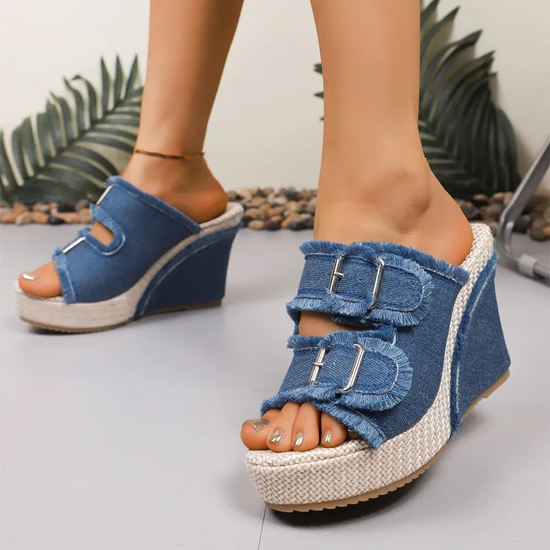 Womens Sandals Summe Straw Weaving Thick Sole Denim Slippers Fashion Casual Double Buckle Strap Slides10CM Wedges Heel Platform