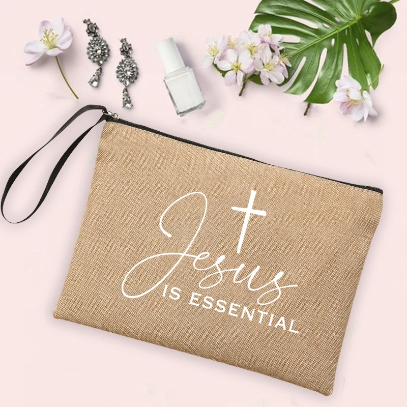 Jesus Faith Cross Print Christian Linen Wristlet Clutch Bag Beach Vacation Handbag Travel Wash Organizer Case Makeup Bags Gifts