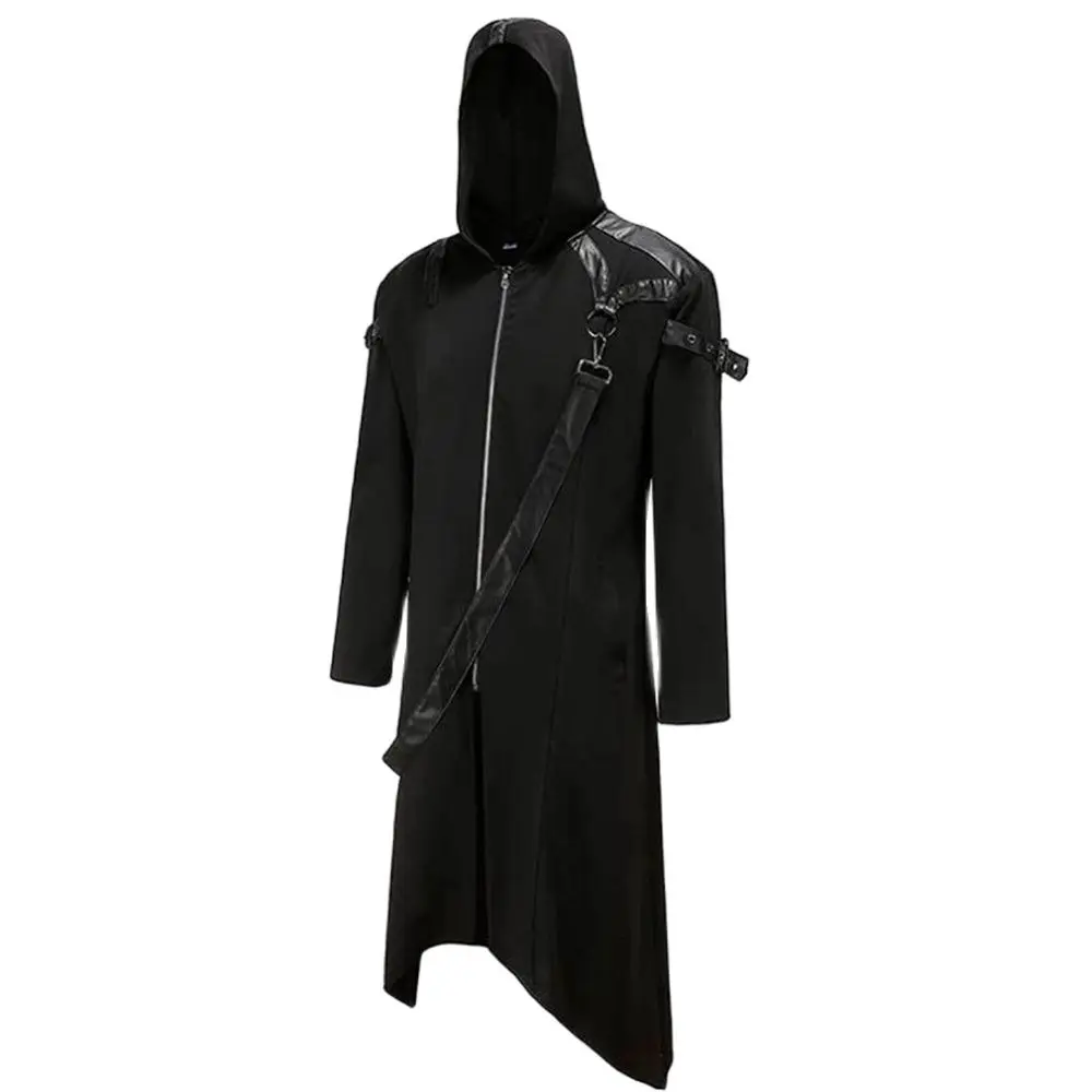 Men  Costume Punk Medieval Costume Victorian Retro Knight Hooded Tailcoat Halloween Cosplay Embroidery Jacket Leather Shoulder