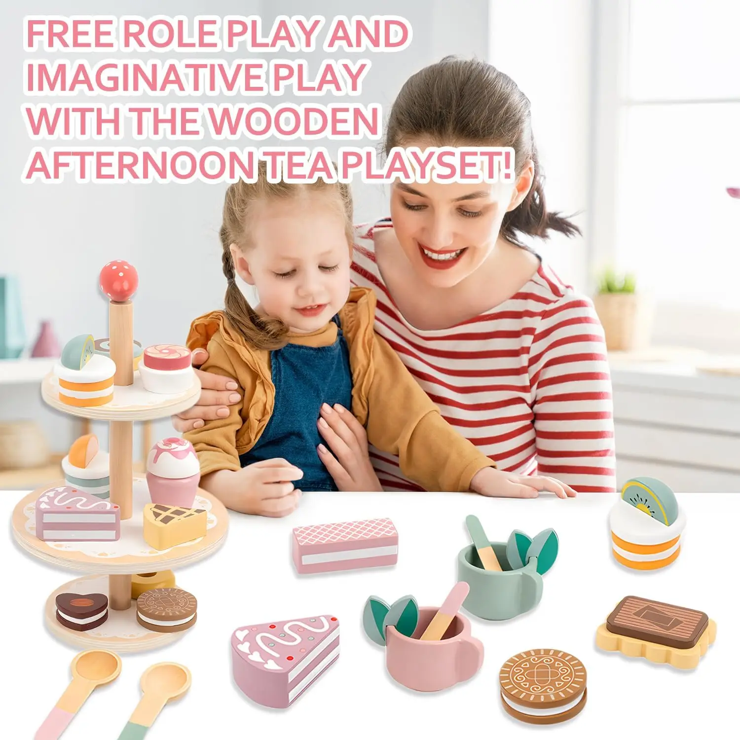 ชุดน้ำชาพร้อมขาตั้งขนมหวาน ของเล่นไม้ ชุดของเล่นทำอาหารเสมือนจริง อุปกรณ์ครัวสำหรับเด็กเล็ก ชุดน้ำชา ของขวัญวันเกิด
