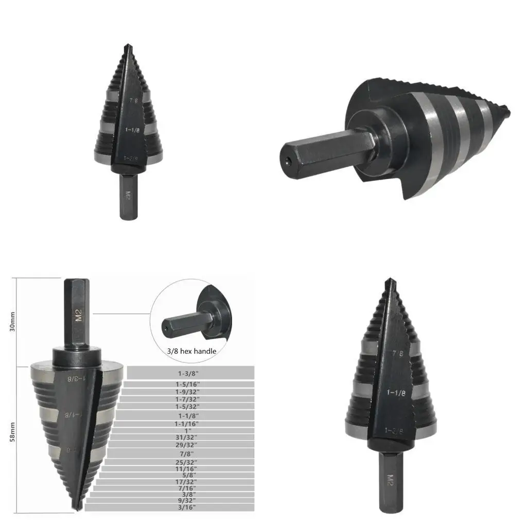 

Конусное сверло 652F, шестигранный хвостовик 3/8 дюйма, от 7/8 до 1-3/8 дюйма для металла, нержавеющей стали, пластмассы