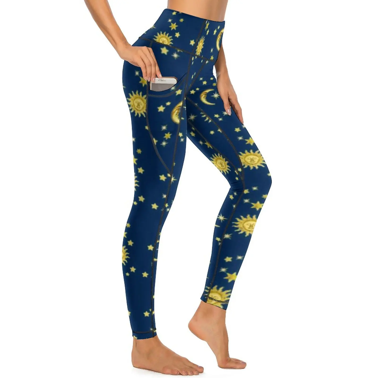 Glod Moon Leggings Sexy Sun And Stars Print Push Up Yoga Pants Novelty Stretch Leggins With Pockets Custom Workout Sports Tights