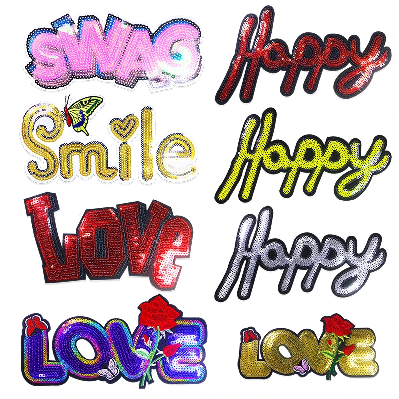 

Shiny Happy Love Rose Gold Silver Sequin Letter Icon Embroidered Applique Patch For Clothing DIY Iron on Patches on the stickers