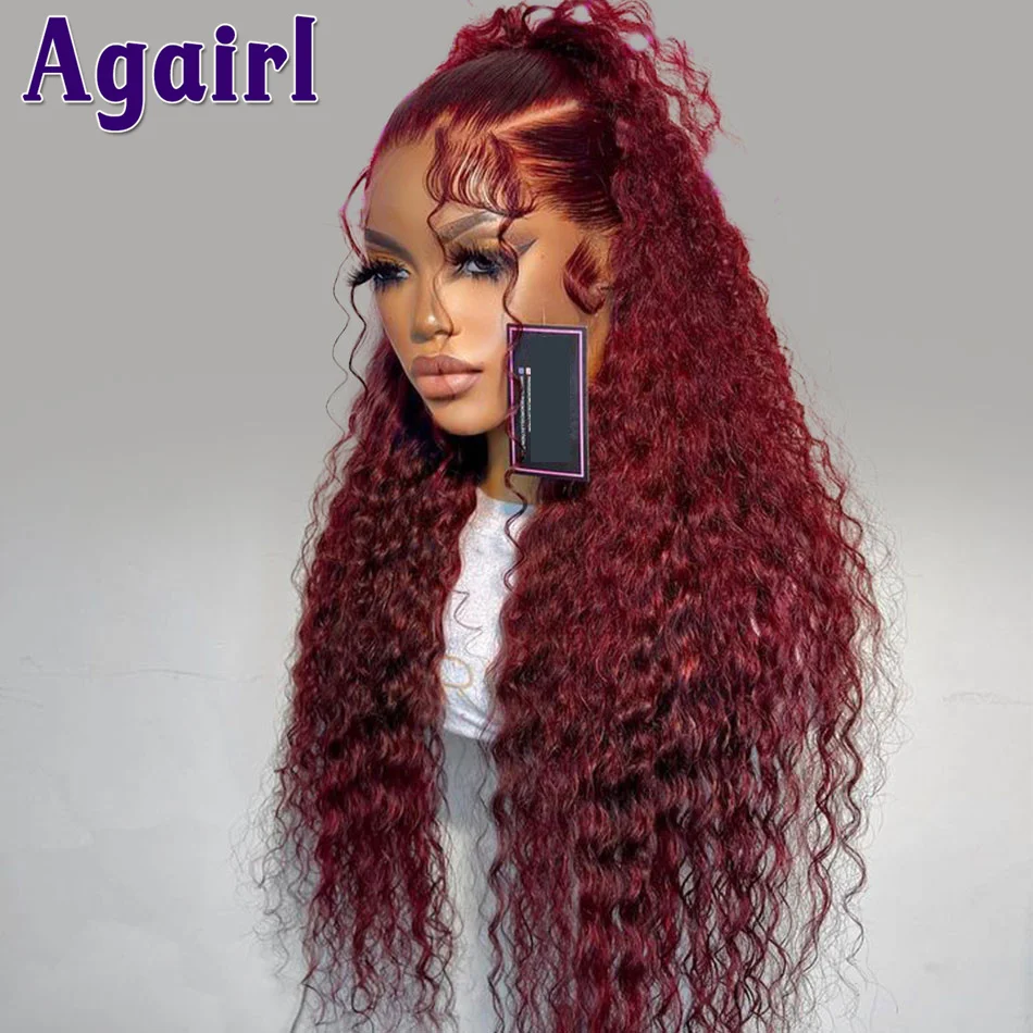 Perucas de cabelo humano encaracolado, 99J, vermelho escuro, Borgonha, Kinky, 13x4 Lace Frontal Perucas, Onda de água brasileira, 6x4 Encerramento, 99J