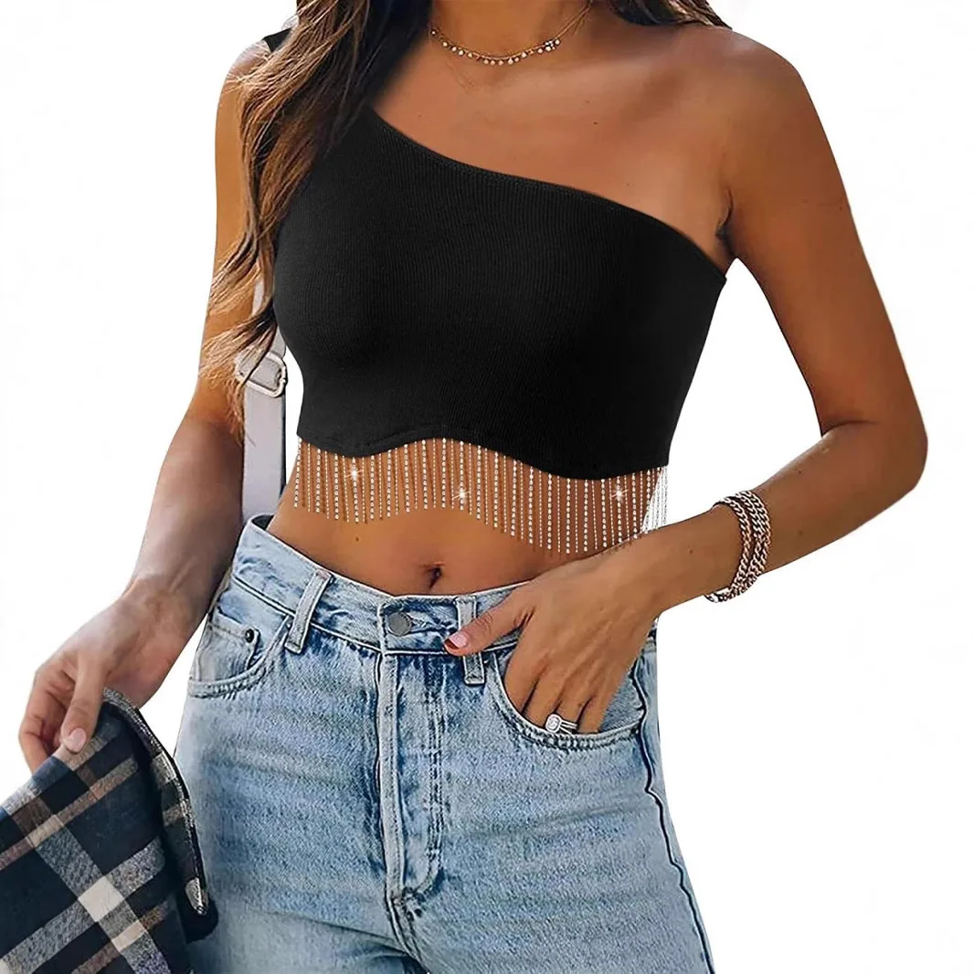 Sexy Women Tee Top Rhinestone Fringe Solid Bodycon Crop Top Asymmetric Single Shoulder Sleeveless Blouse Tops