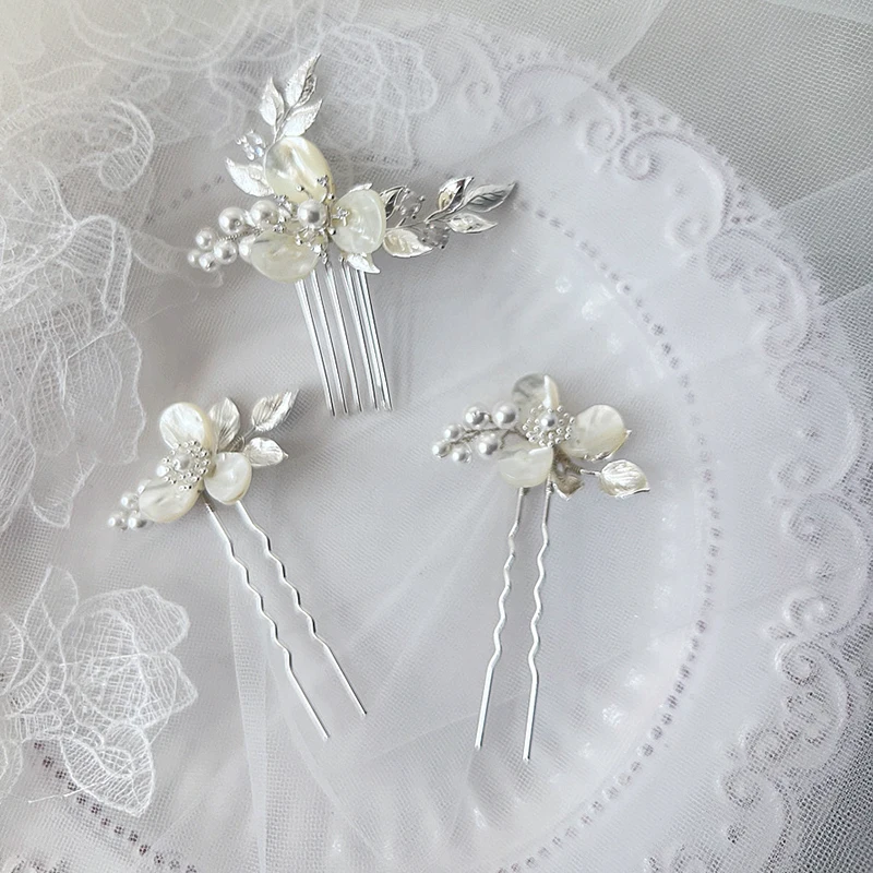Shell Flower Pearls Hair Comb Bridal Pins Set Silver Color Wedding Girls Headpiece Women Bobby Pin