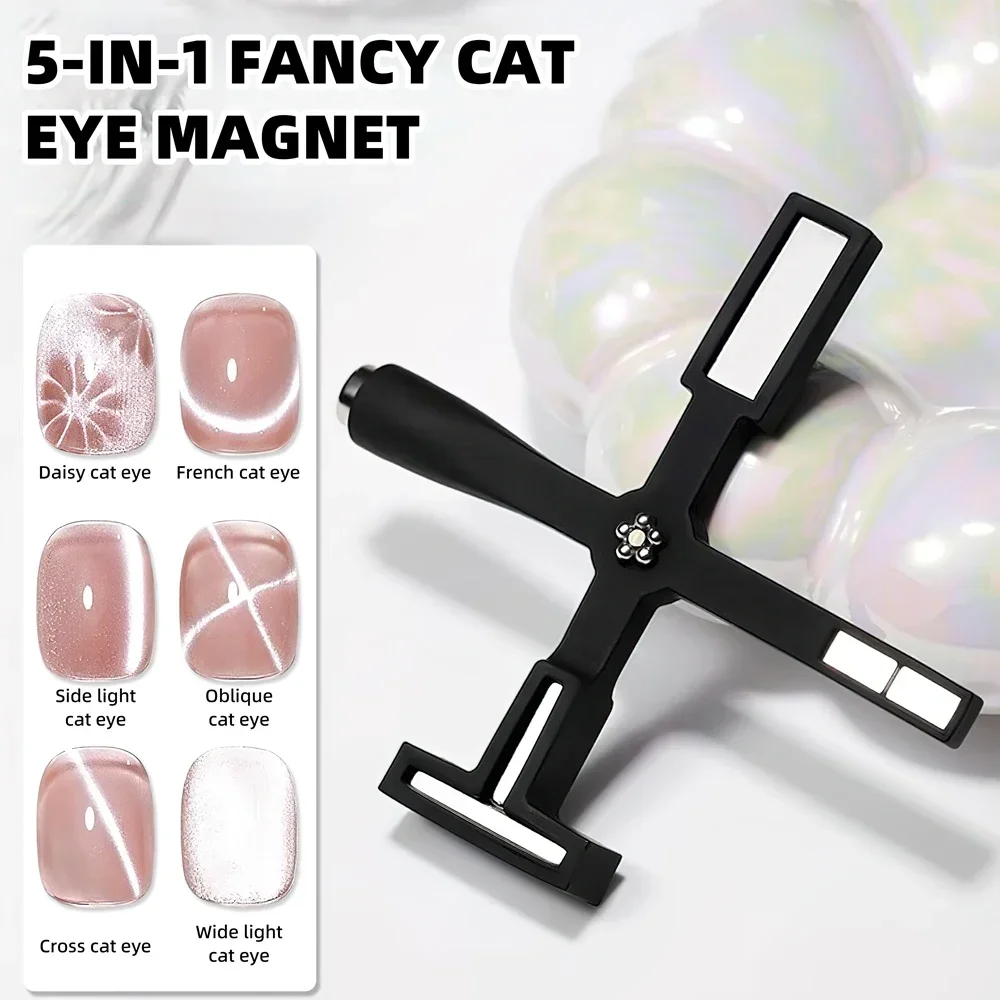 Imán de ojo de gato elegante 5 en 1, imán fuerte en forma de cruz negro, pegamento para esmalte de uñas de ojo de gato multifuncional, herramienta artística de uñas de piedra de hierro