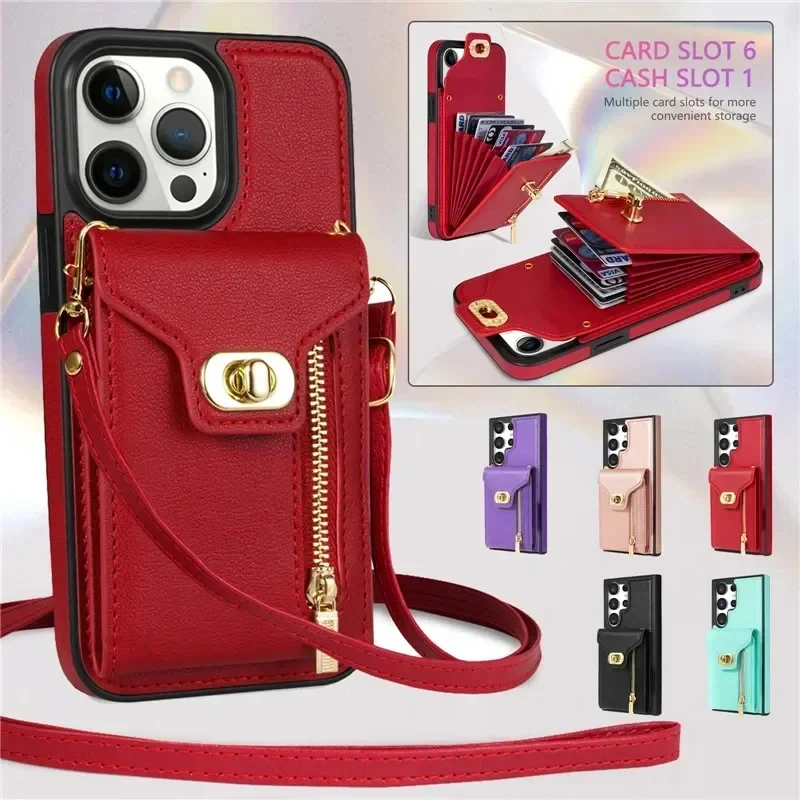 

Phone Cover Lanyard Leather Zip Wallet Card Phone Case For Iphone 16 15 14 Pro Max 13 12 11 Xs Xr X Se 2022 8 7 Plus Purse Flip