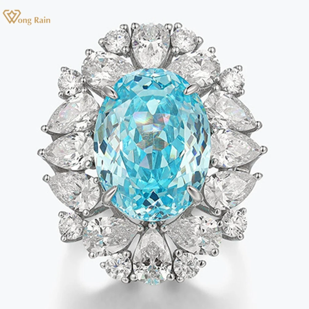 

Wong Rain 100% 925 Sterling Silver Oval Cut 12*16 MM Paraiba Tourmaline High Carbon Diamond Gemstone Ring for Women Fine Jewelry